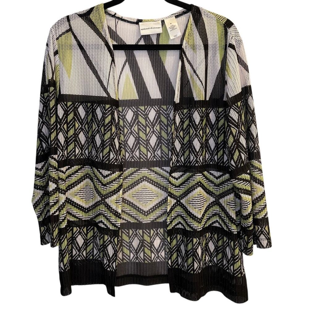 Alfred Dunner Geometric Mesh Open Front Cardigan Lime Green Black White Small